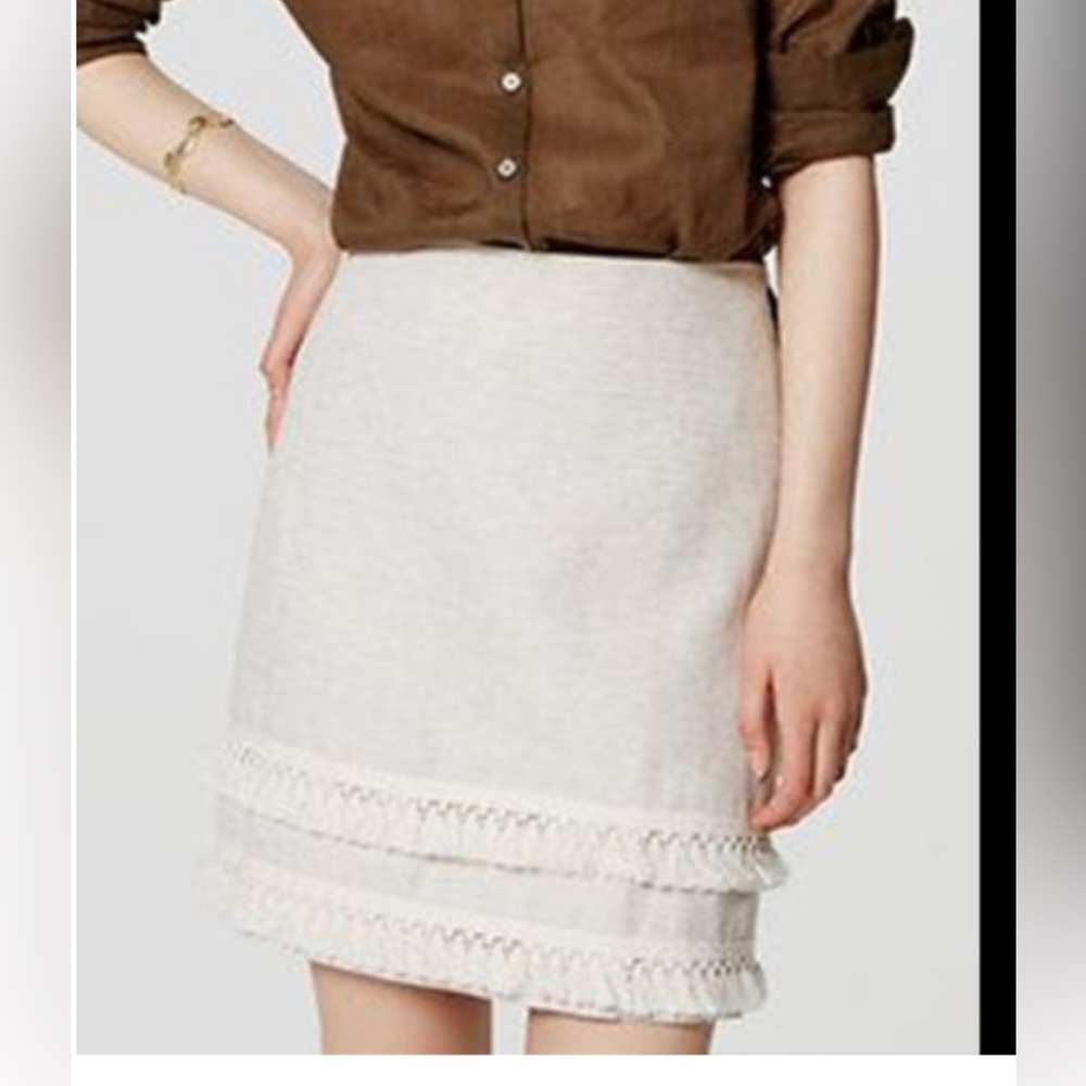 NWT Loft A Line Beige Tassel Fringe Skirt Linen Cotton  Size 8